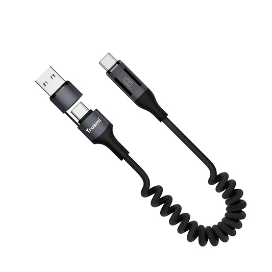 100W USB-A/C To C Car Spring Charging Cable with Digital Display 1.5M Black Support Carplay