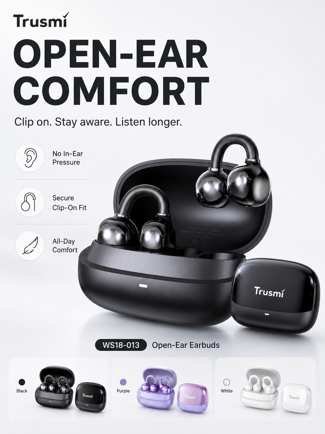 Trusmi Trusmi WS18-013 Open-Ear Clip-On Wireless Earbuds