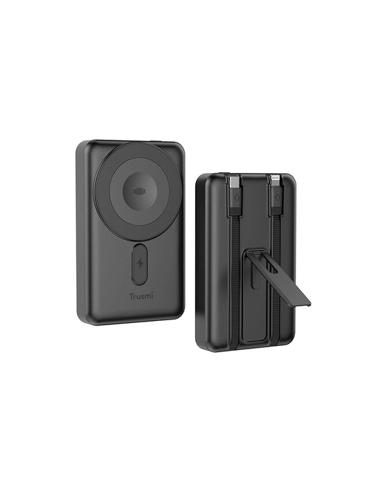 15W Magnetic Wireless Power Bank with C+L Cable Kickstand 10000 mAh Metallic Grey