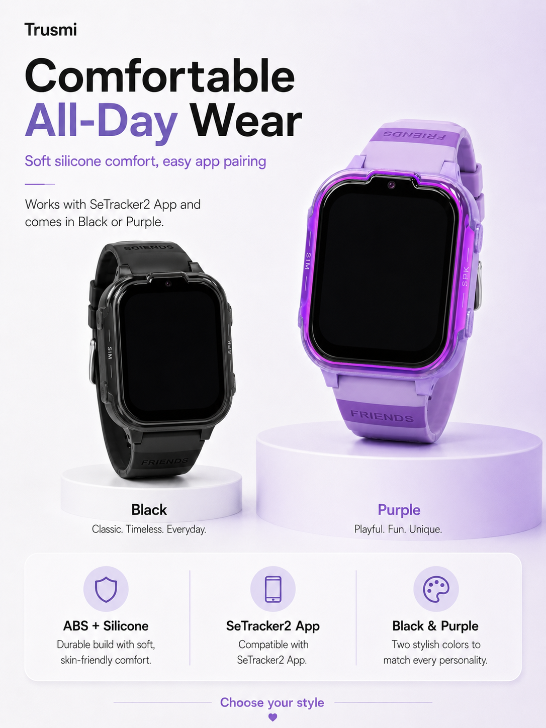 Trusmi Trusmi Kids Smart Watch – 1.83" Display, IP65 Water Resistant, 700mAh Battery, SeTracker2 App