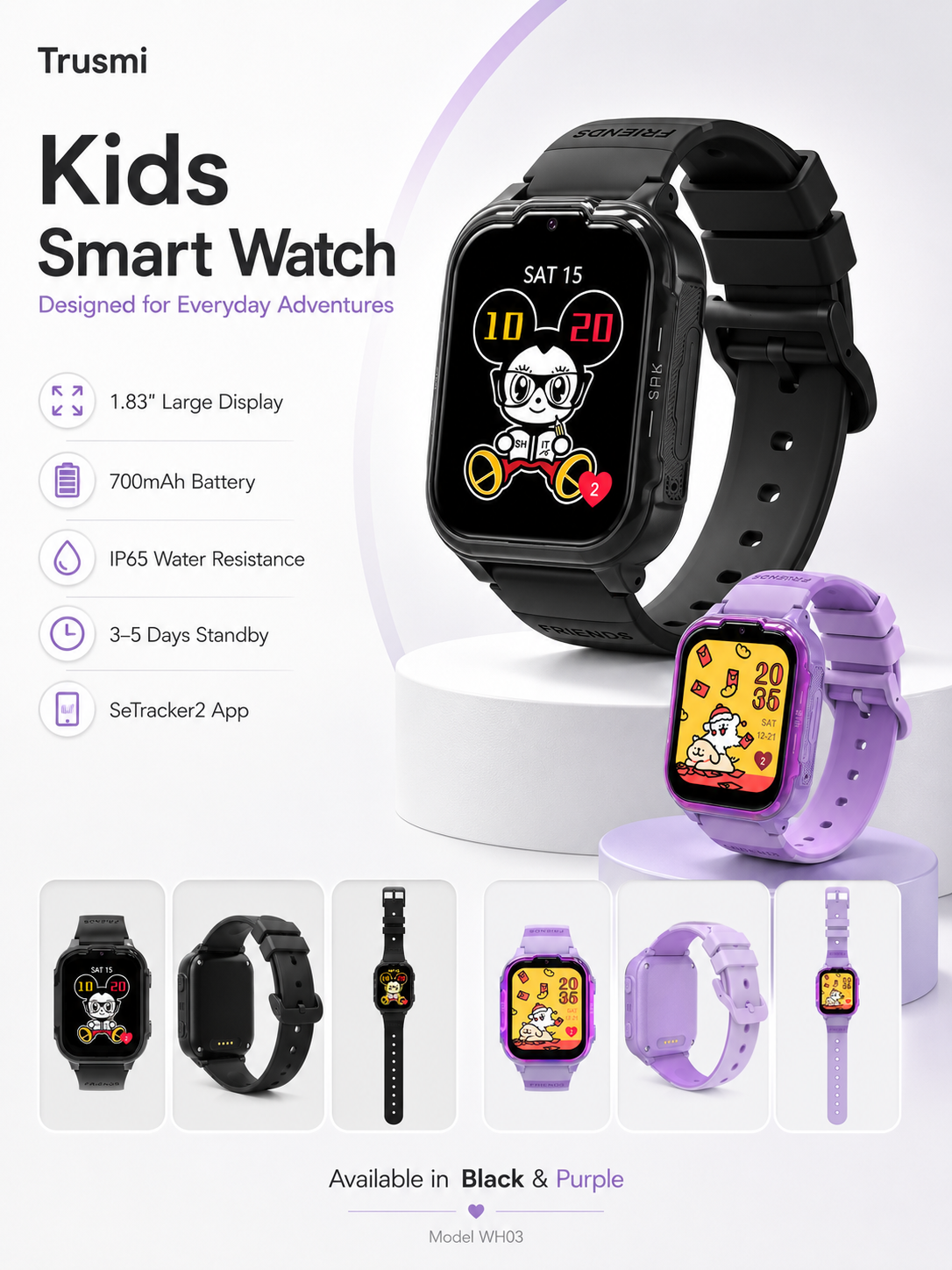 Trusmi Trusmi Kids Smart Watch – 1.83" Display, IP65 Water Resistant, 700mAh Battery, SeTracker2 App