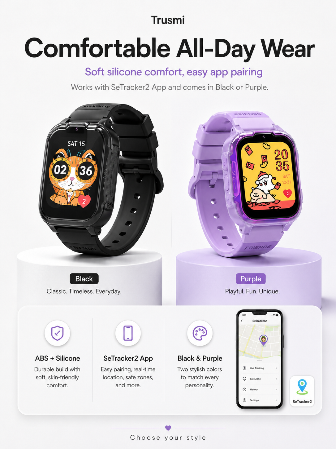 Trusmi Trusmi Kids Smart Watch – 1.83" Display, IP65 Water Resistant, 700mAh Battery, SeTracker2 App